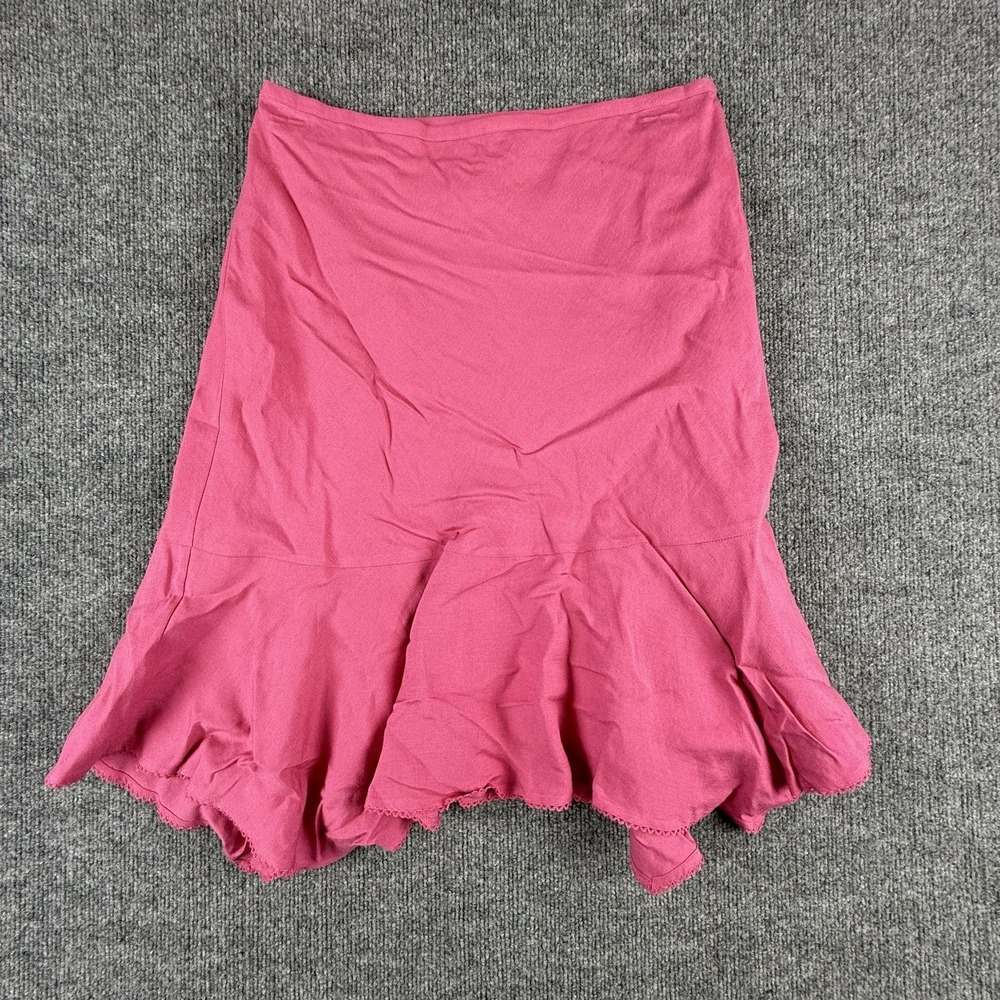 VTG Dialogue Skirt Womens 12 Pink Linen Blend Trumpet Ruffle Hem Knee Length